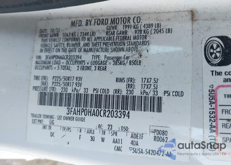 2012 Ford Fusion Se из США, поврежденный, VIN 3FAHP0HA0CR203394